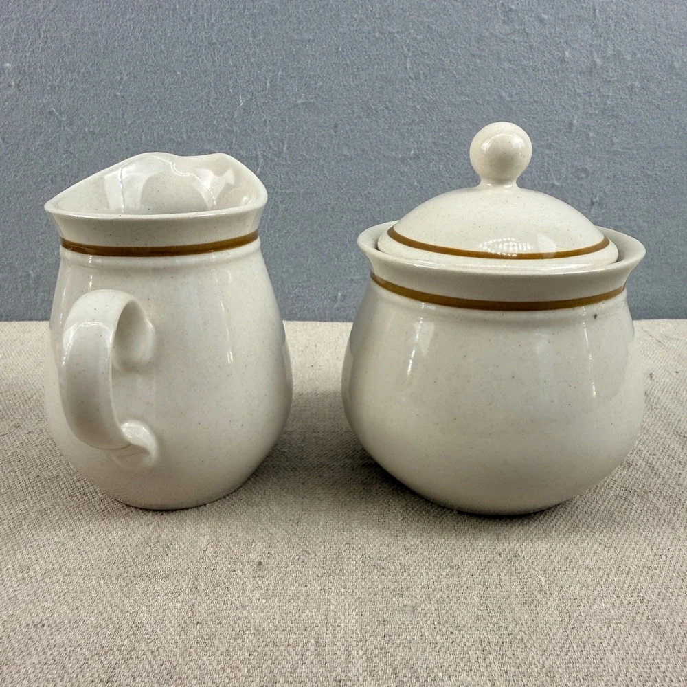 Vintage Kingsbury Stoneware Cream and Sugar Set Japan‎ Speckled Brown Band
